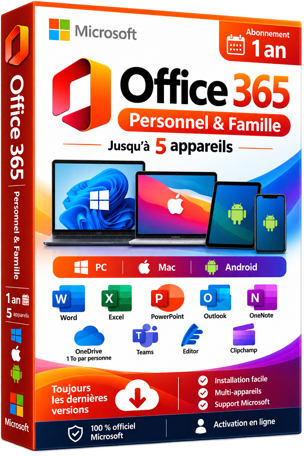 Microsoft Office 365 Personnel & Famille - Abonnement 1 an - 5 appareils PC Mac Android