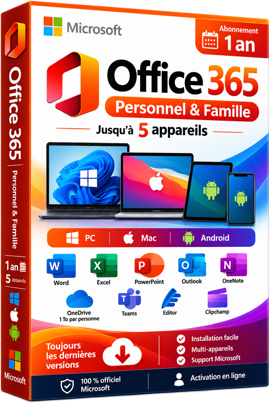 Microsoft Office 365 Personnel & Famille - Abonnement 1 an - 5 appareils PC Mac Android