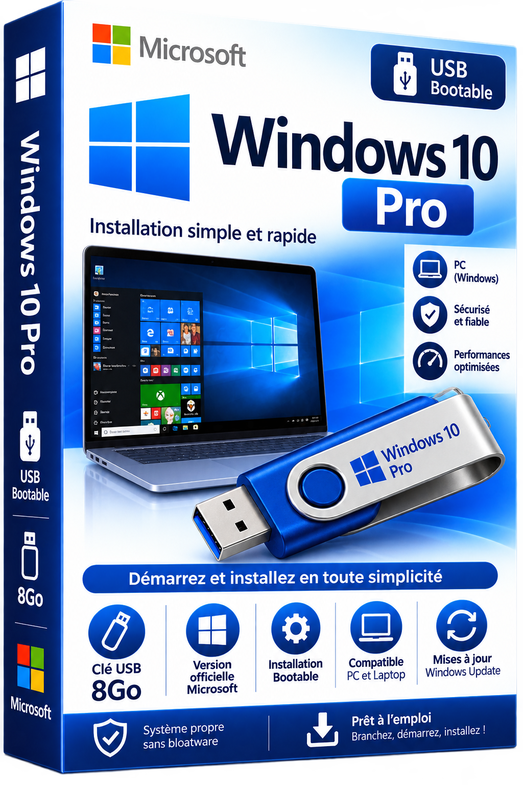Windows 10 Pro - Clé USB Bootable 8Go - Version officielle Microsoft