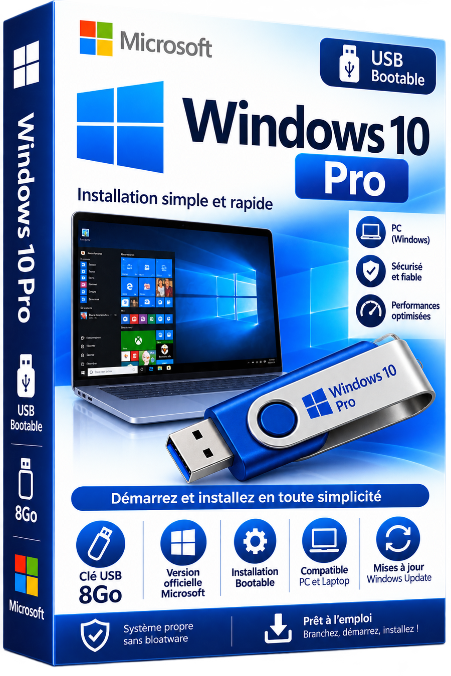 Windows 10 Pro - Clé USB Bootable 8Go - Version officielle Microsoft