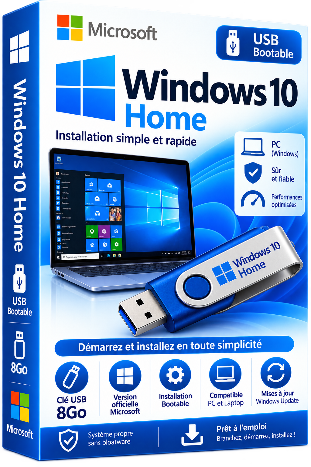 Windows 10 Home - Clé USB Bootable 8Go - Version officielle Microsoft