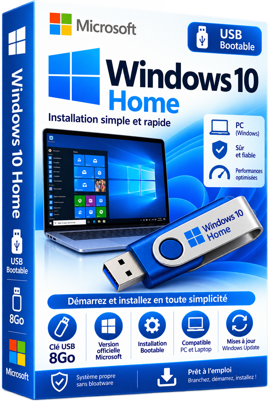 Windows 10 Home - Clé USB Bootable 8Go - Version officielle Microsoft