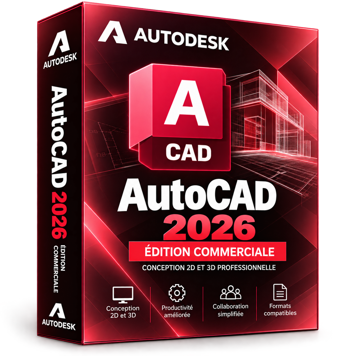 Boîte illustrative AutoCAD 2026 rouge bordeaux