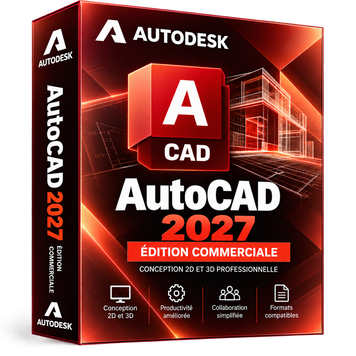Boîte 3D illustrative AutoCAD 2027 rouge orangé