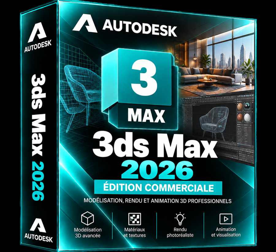 Boîte 3D illustrative Autodesk 3ds Max 2026 cyan et noir