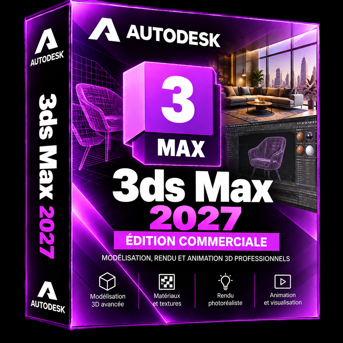 Boîte 3D illustrative Autodesk 3ds Max 2027 violet et noir