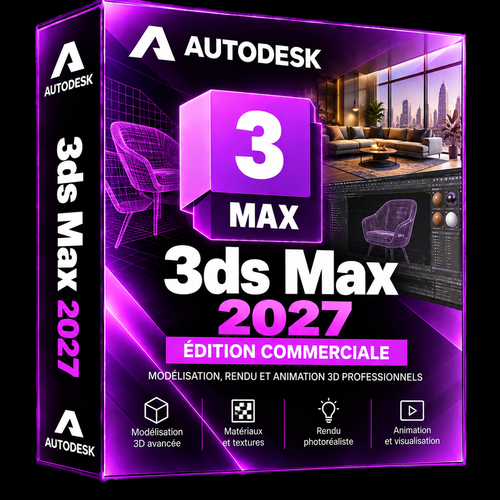 Boîte 3D illustrative Autodesk 3ds Max 2027 violet et noir