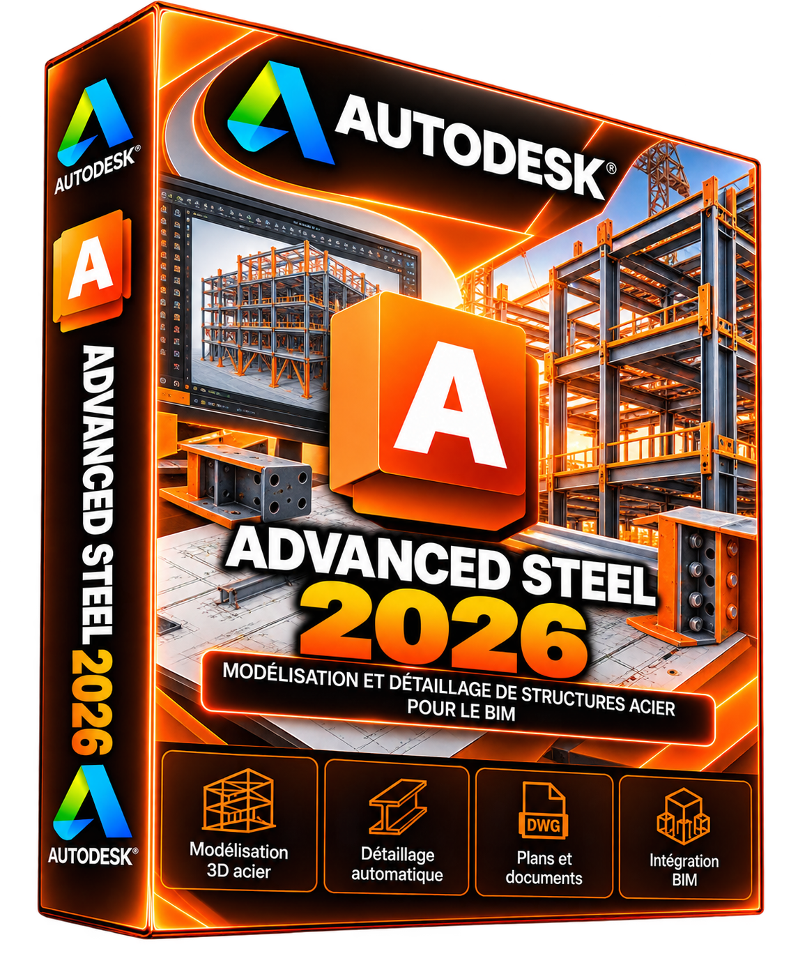 Autodesk Advance Steel 2026 — boîte 3D orange sans fond