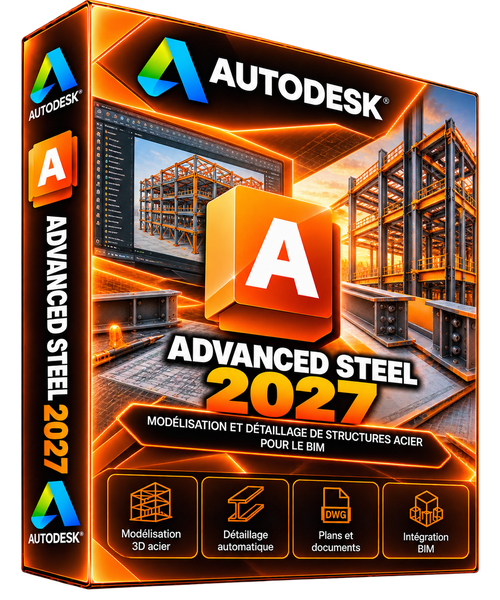 Autodesk Advance Steel 2027 — boîte 3D orange, nouveau design sans fond