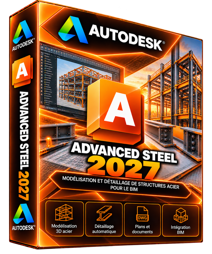 Autodesk Advance Steel 2027 — boîte 3D orange, nouveau design sans fond