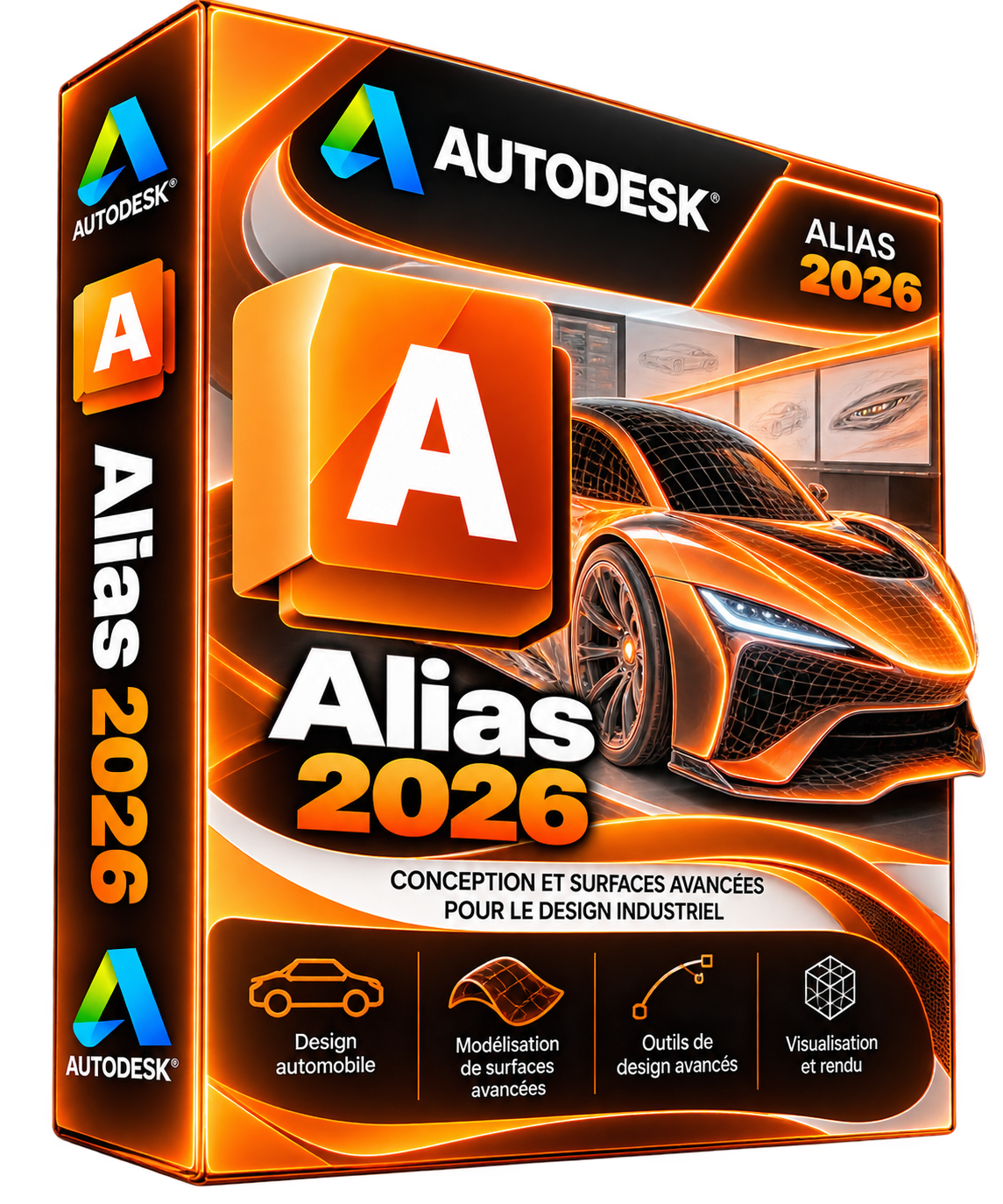 Autodesk Alias 2026 — boîte 3D orange, design distinct de 2027, sans fond