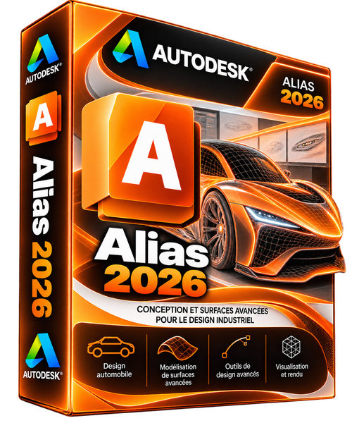 Autodesk Alias 2026 — boîte 3D orange, design distinct de 2027, sans fond