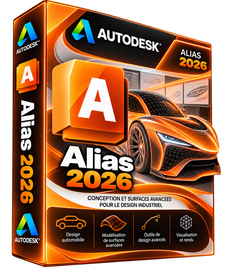 Autodesk Alias 2026 — boîte 3D orange, design distinct de 2027, sans fond