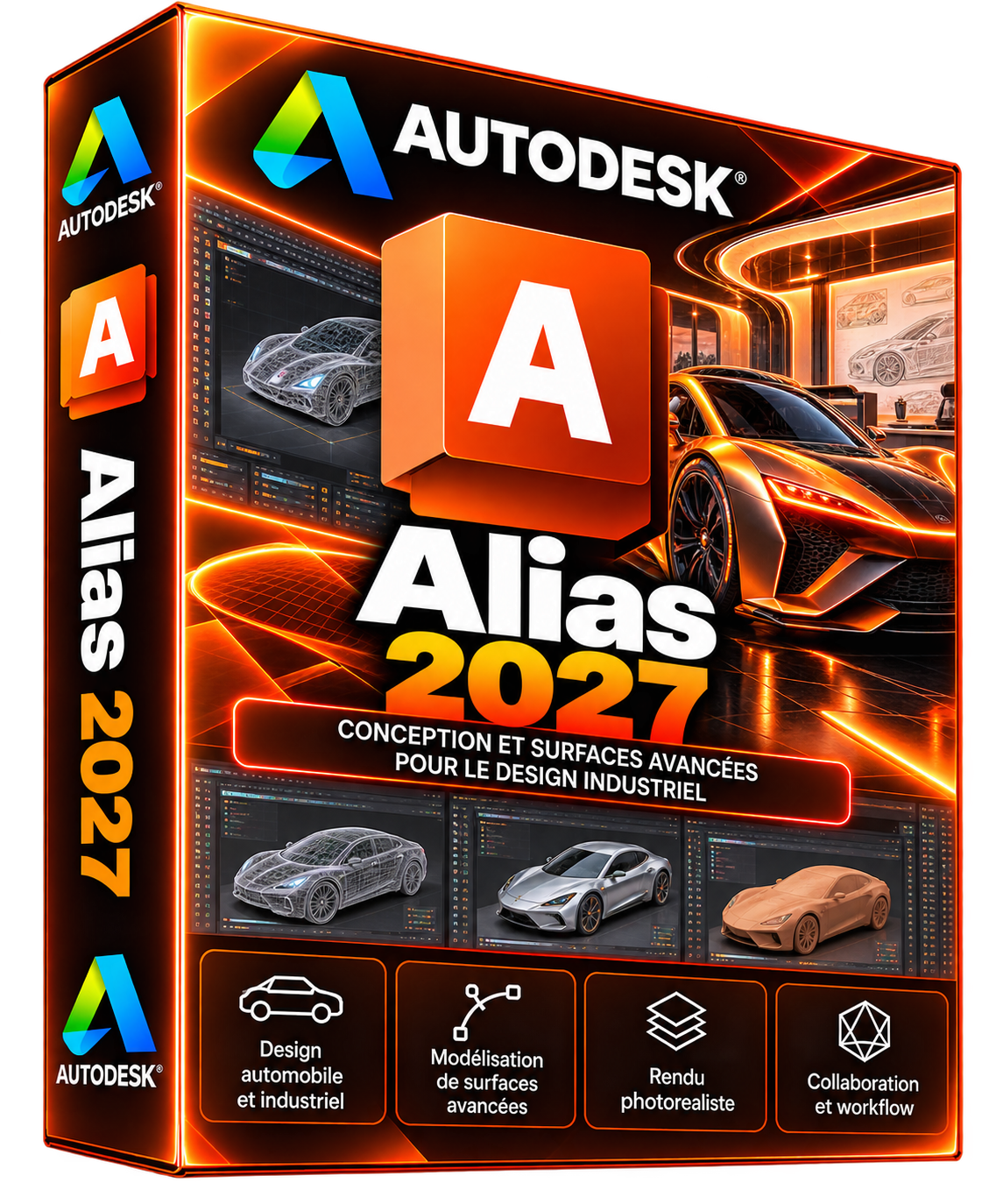 Autodesk Alias 2027 — boîte 3D orange sur fond transparent