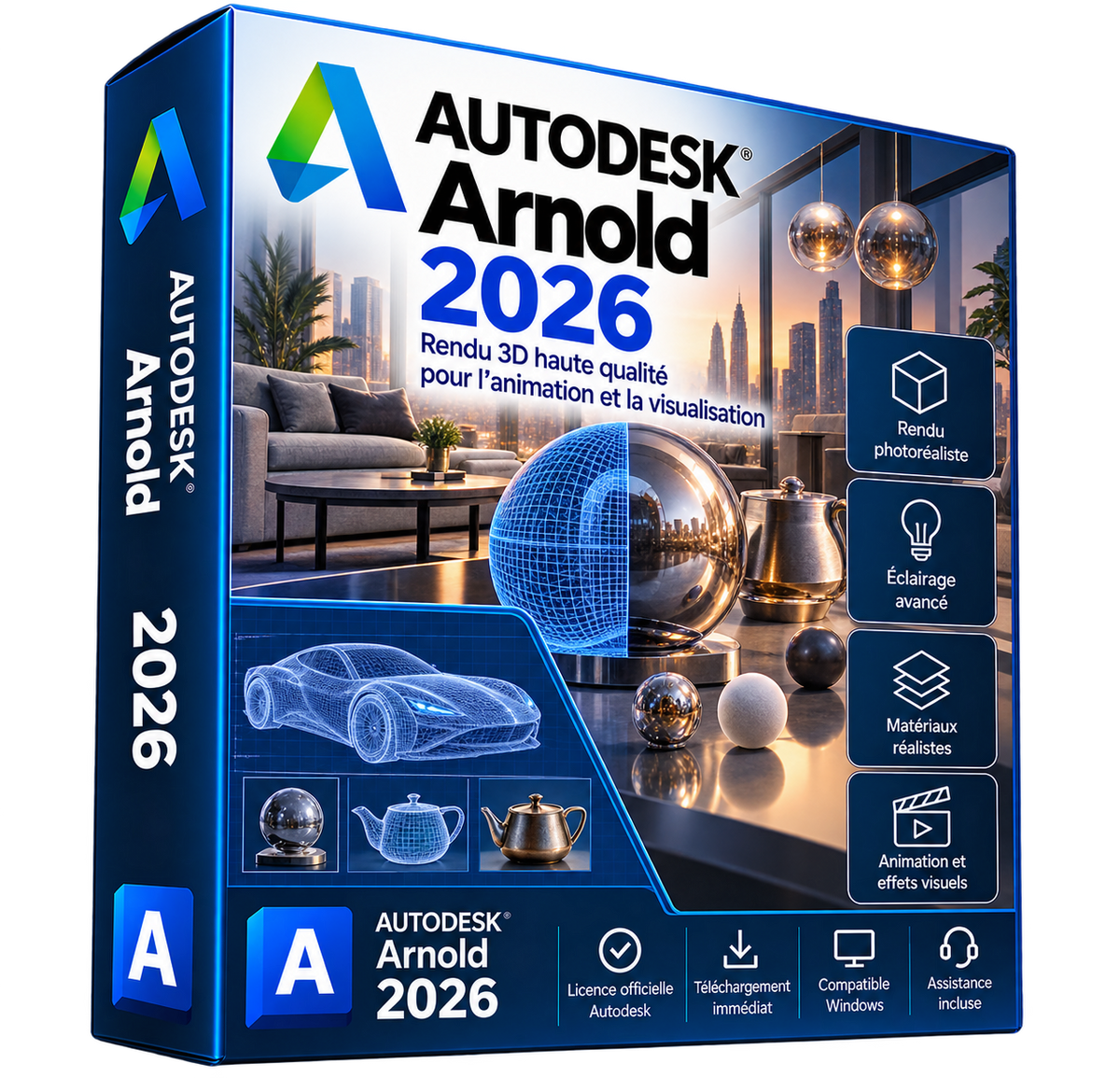 Autodesk Arnold 2026 — boîte 3D fond transparent, rendu photoréaliste