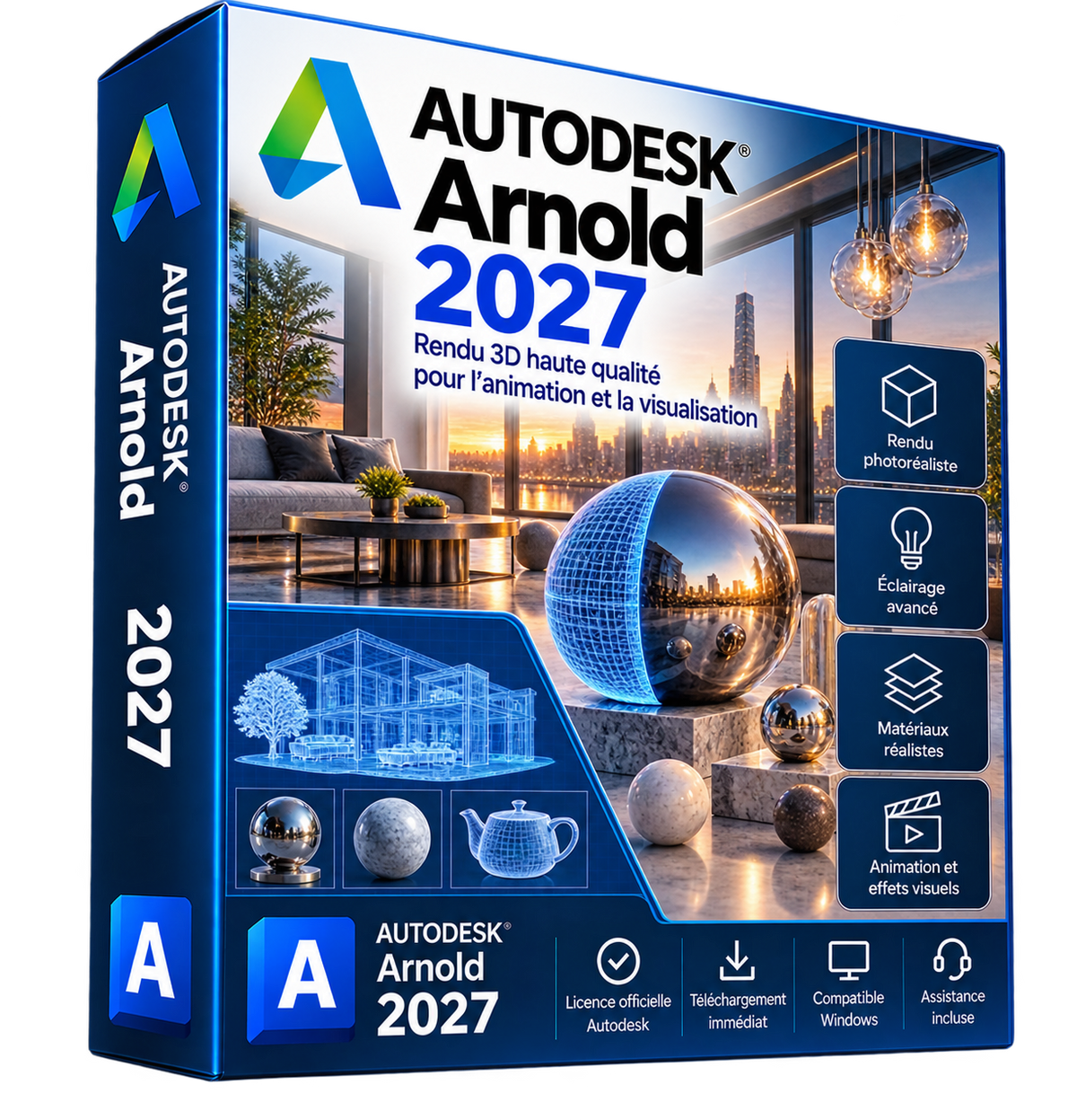 Autodesk Arnold 2027 — boîte 3D sans fond, rendu photoréaliste