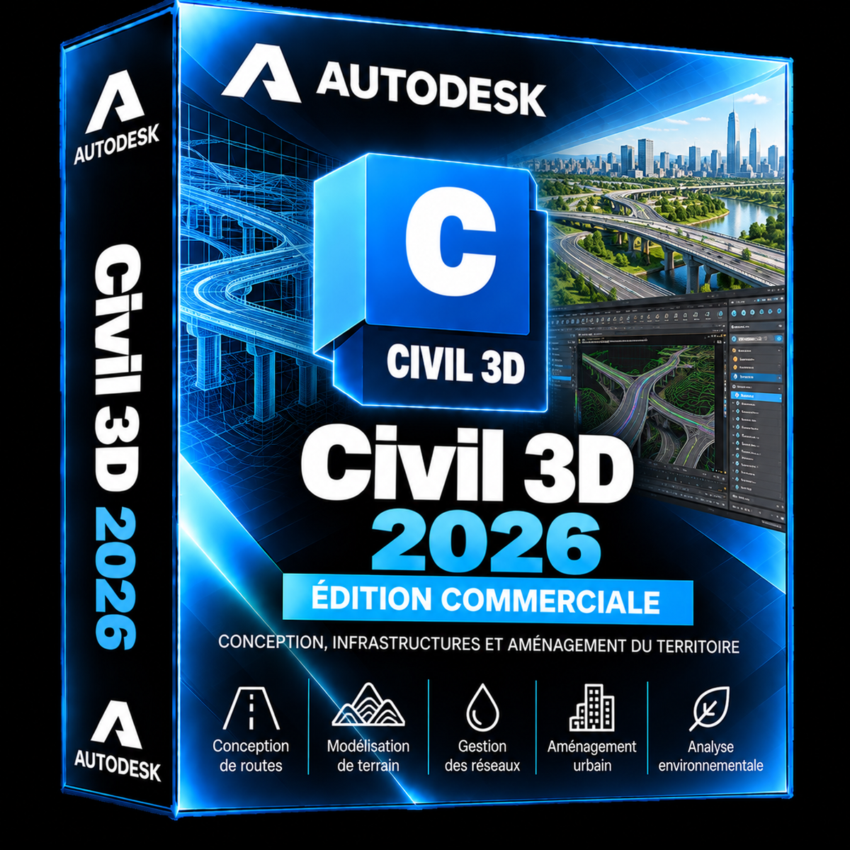 Boîte 3D illustrative Autodesk Civil 3D 2026 bleu cyan