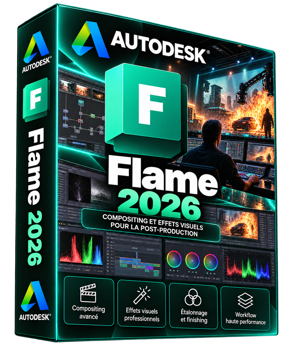 Autodesk Flame 2026 — boîte 3D sur fond transparent, compositing et effets visuels