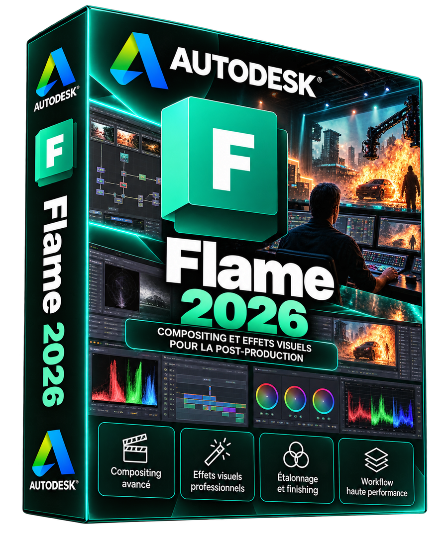 Autodesk Flame 2026 — boîte 3D sur fond transparent, compositing et effets visuels