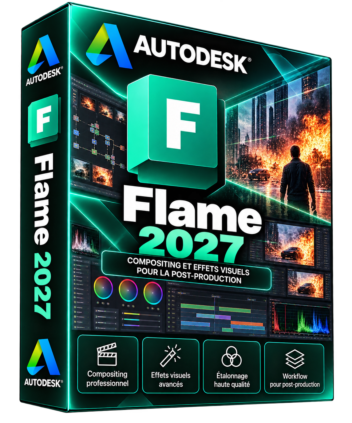 Autodesk Flame 2027 — boîte 3D turquoise avec grand F, fond transparent