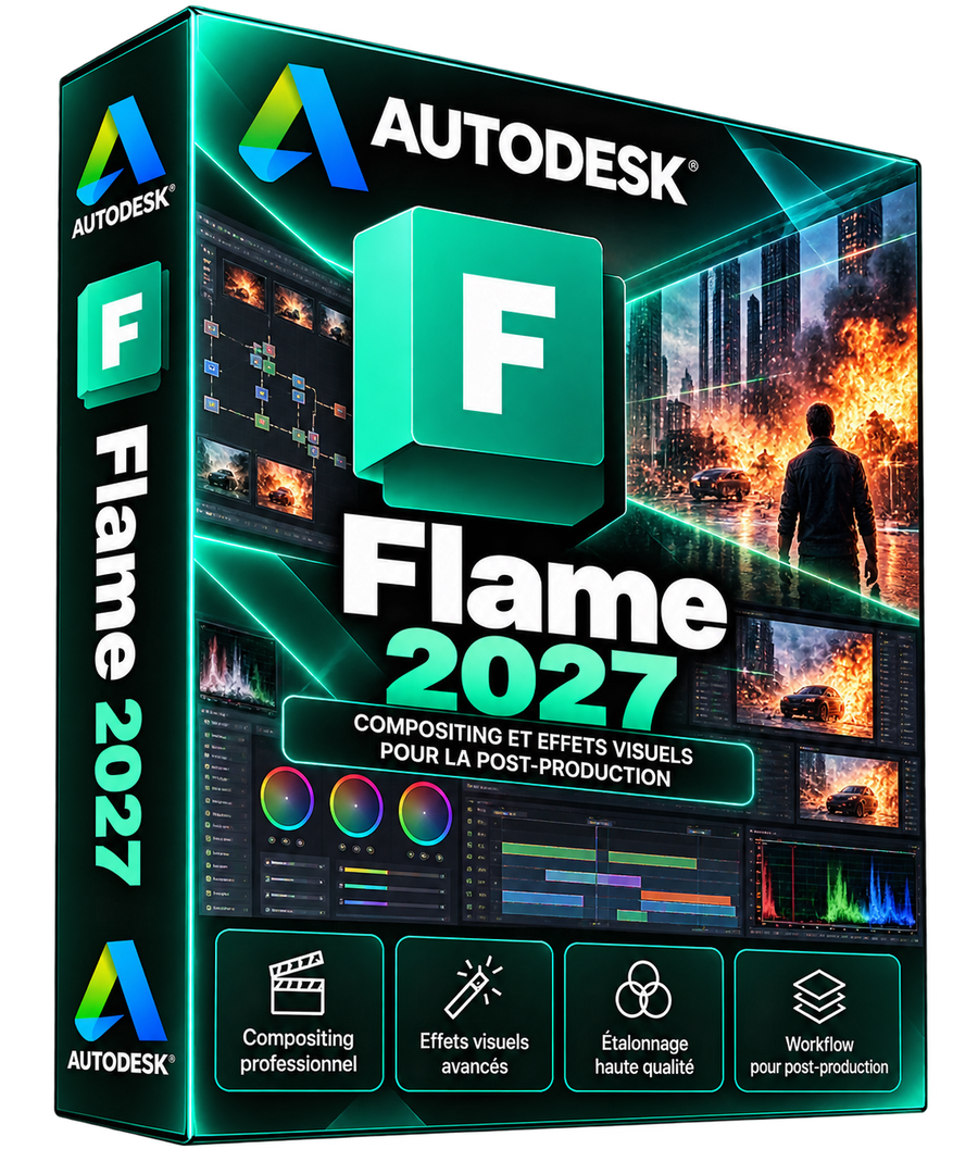 Autodesk Flame 2027 — boîte 3D turquoise avec grand F, fond transparent