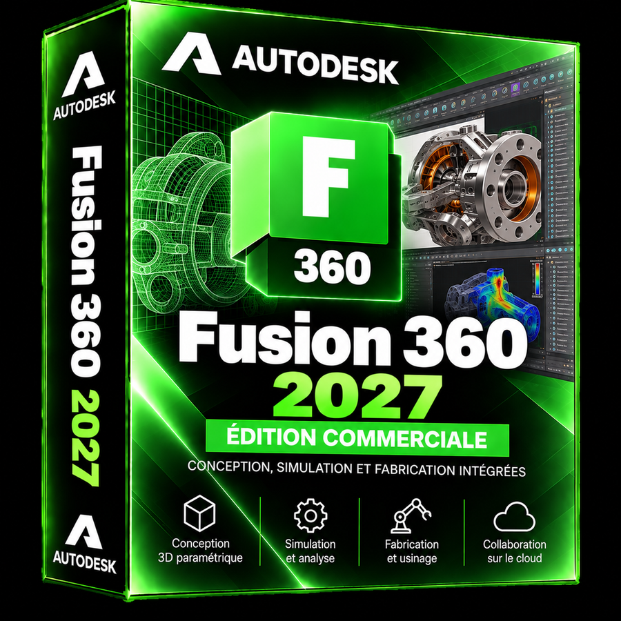 Boîte 3D illustrative Autodesk Fusion 360 2027 vert néon et noir