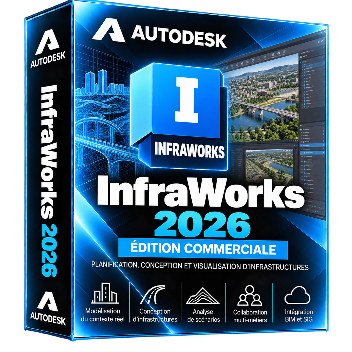 Boîte 3D illustrative Autodesk InfraWorks 2026 bleu et cyan