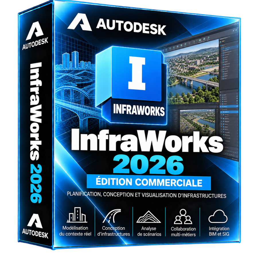 Boîte 3D illustrative Autodesk InfraWorks 2026 bleu et cyan