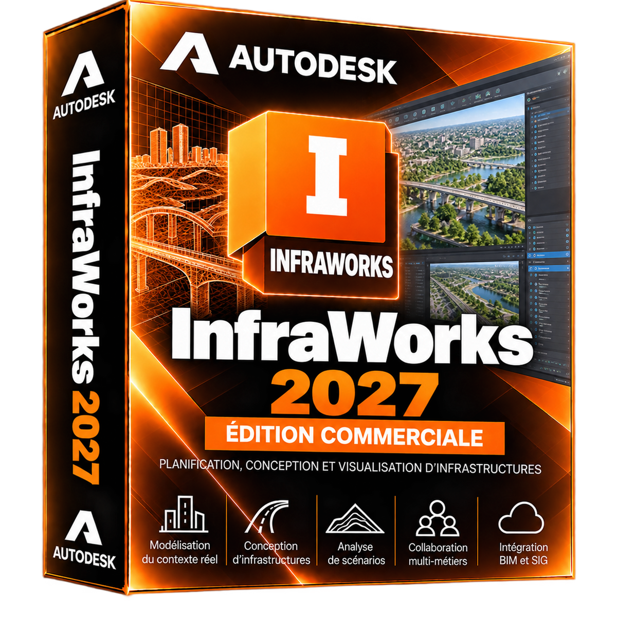 Boîte 3D illustrative Autodesk InfraWorks 2027 orange et noir