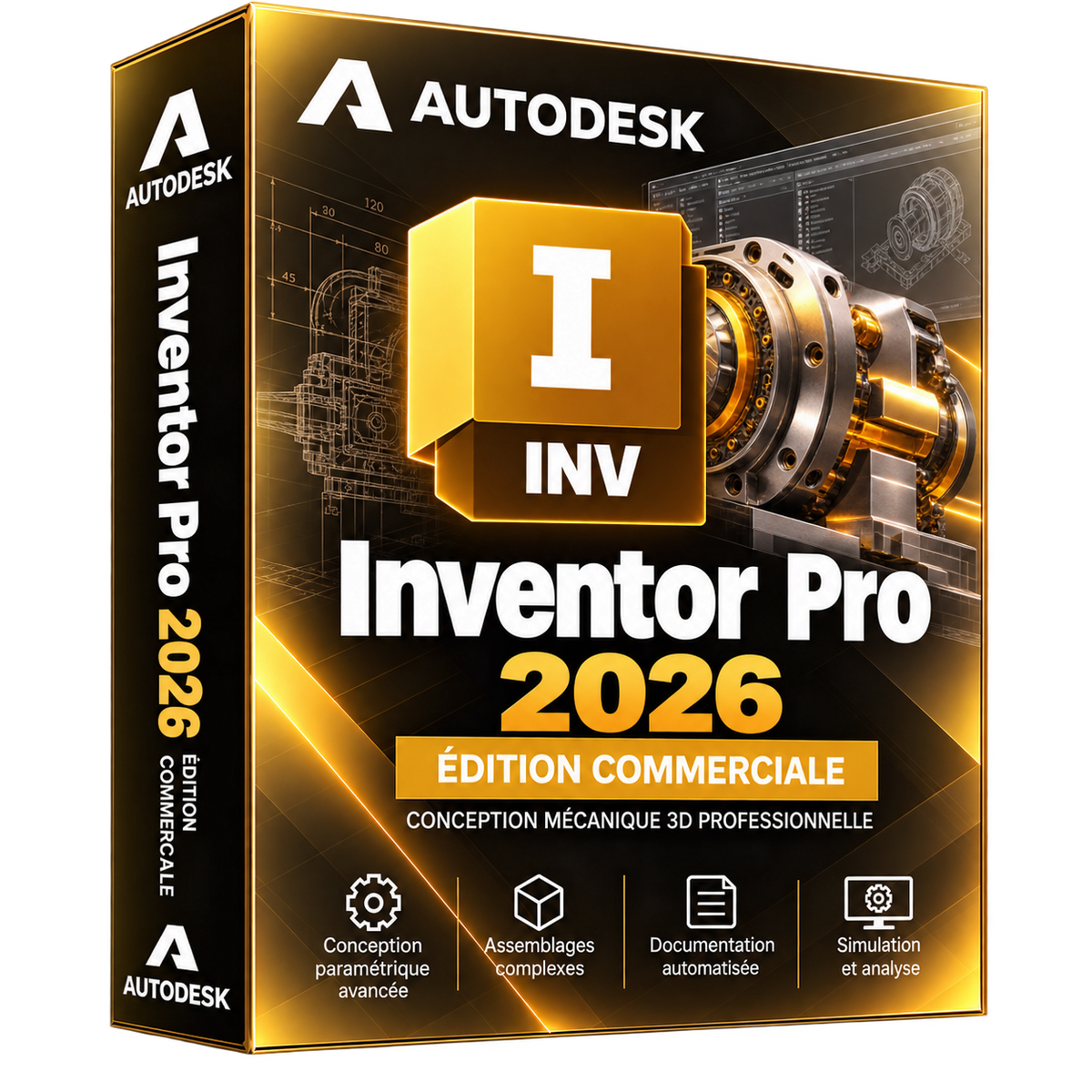 Boîte 3D illustrative Autodesk Inventor Pro 2026 noir et or