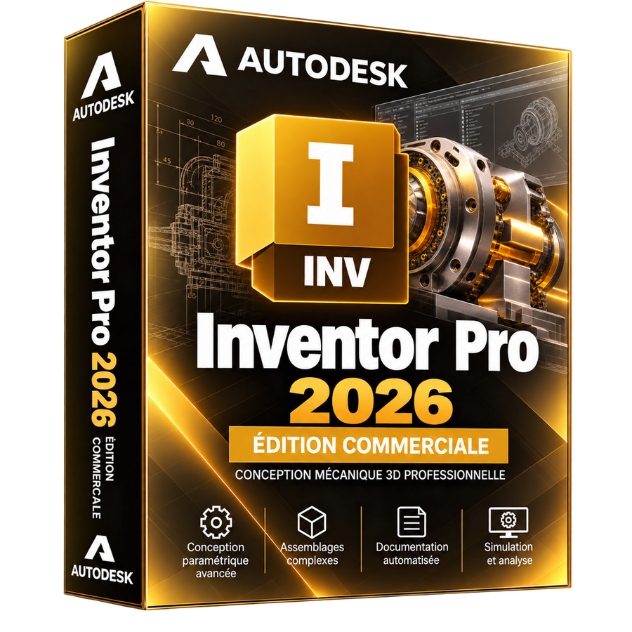 Boîte 3D illustrative Autodesk Inventor Pro 2026 noir et or
