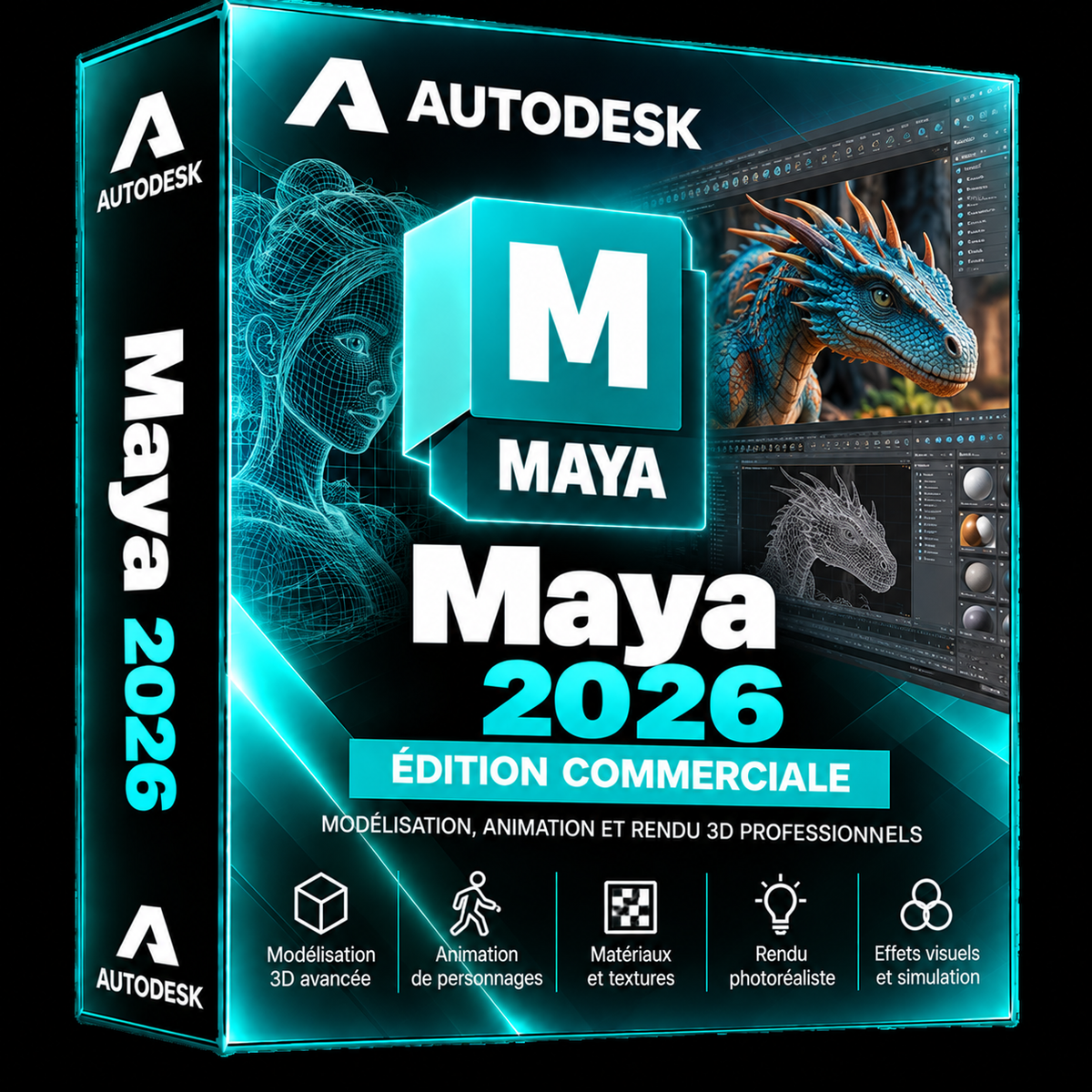 Boîte 3D illustrative Autodesk Maya 2026 turquoise et noir
