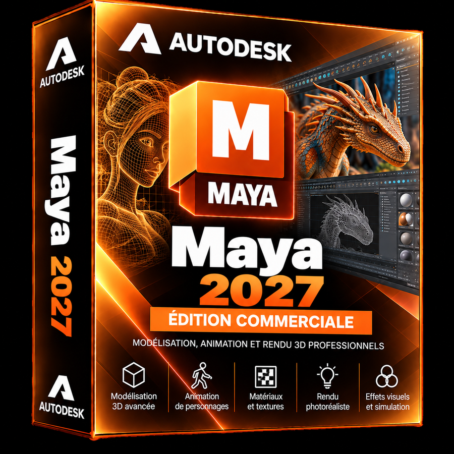 Boîte 3D illustrative Autodesk Maya 2027 orange et noir