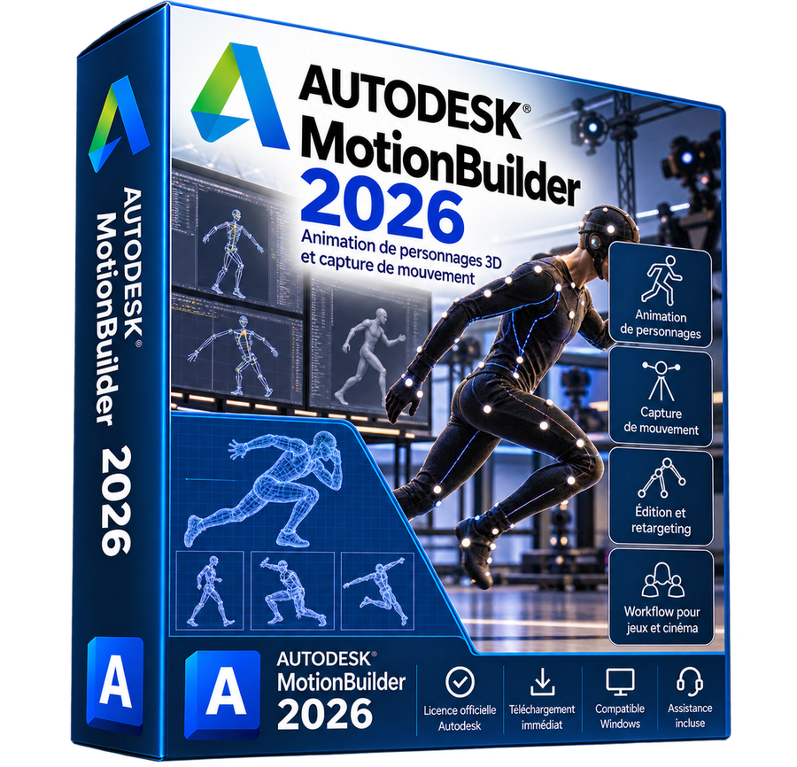 Autodesk MotionBuilder 2026 — boîte 3D transparente, animation de personnages et motion capture