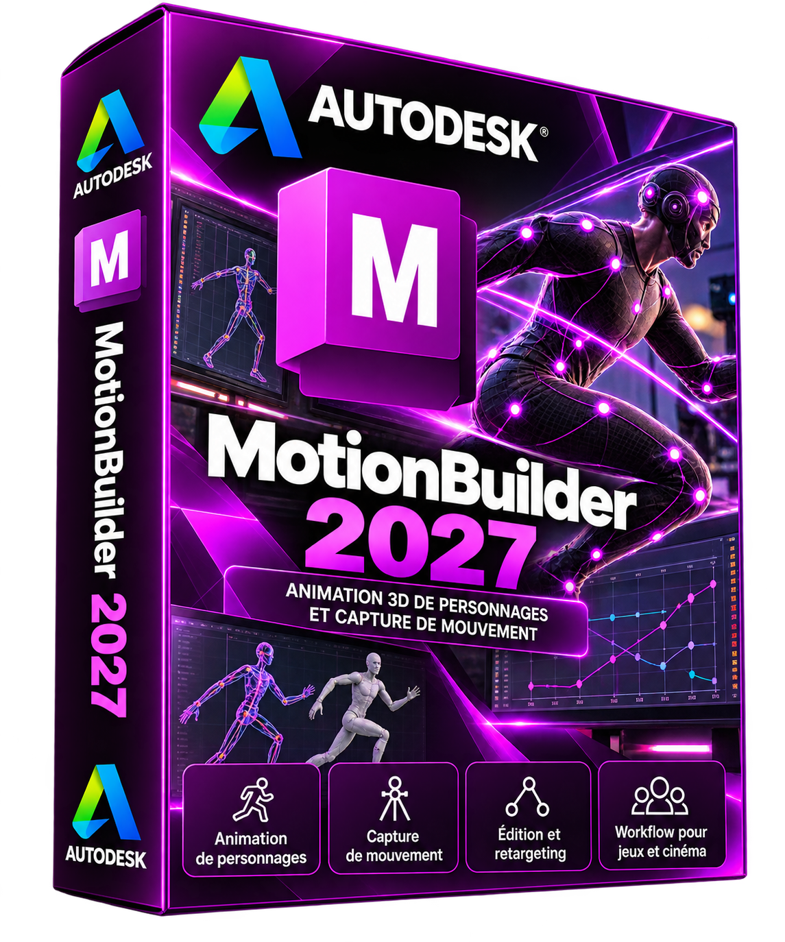 Autodesk MotionBuilder 2027 — boîte violette avec grand logo M, fond transparent