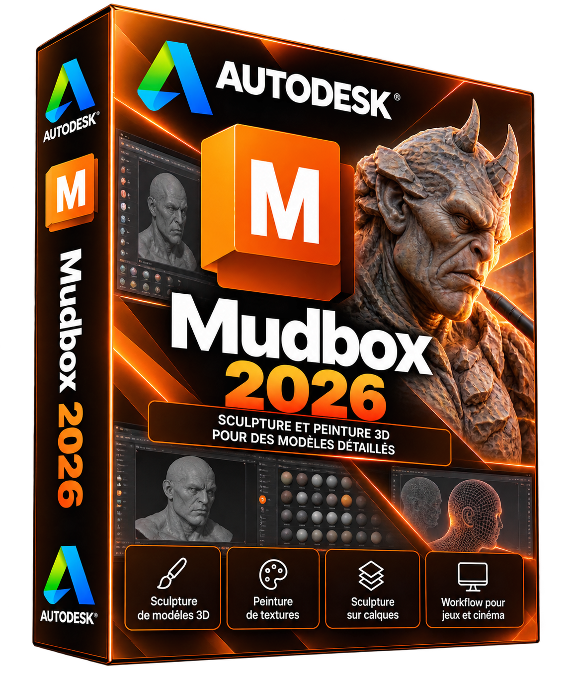 Autodesk Mudbox 2026 — boîte orange, sculpture et peinture 3D, fond transparent