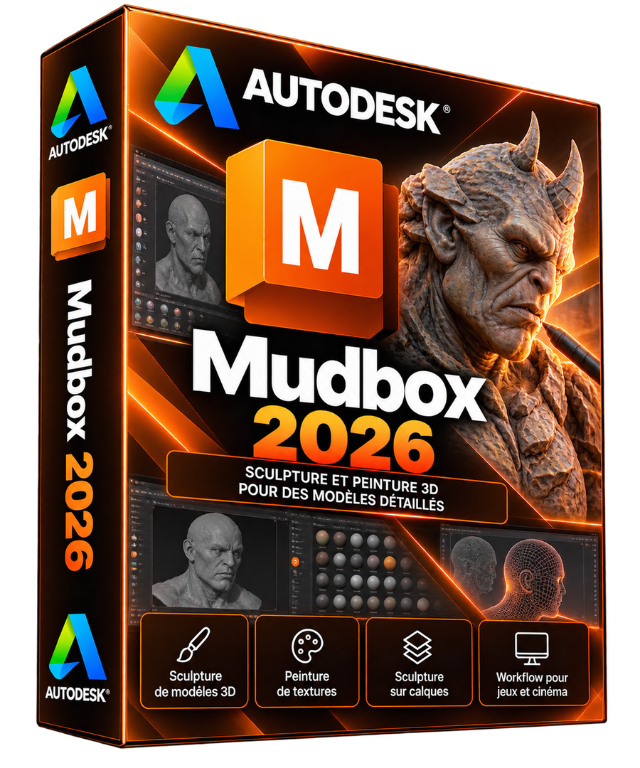 Autodesk Mudbox 2026 — boîte orange, sculpture et peinture 3D, fond transparent