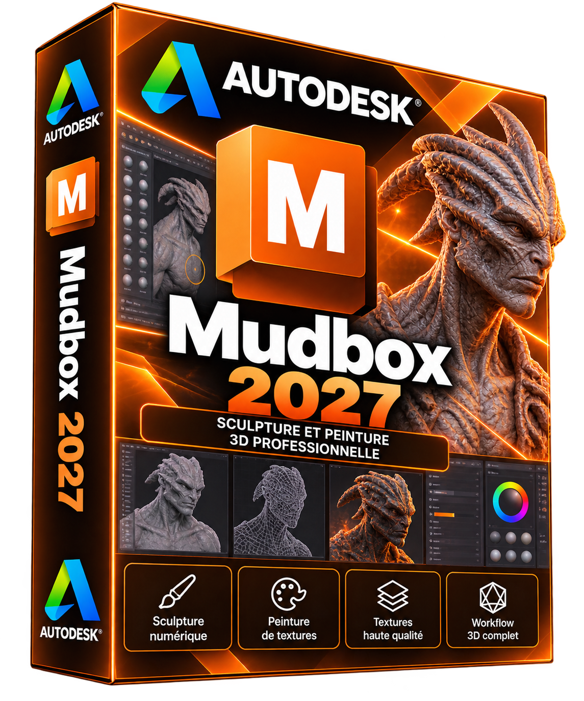 Autodesk Mudbox 2027 — boîte orange avec grand M, fond transparent