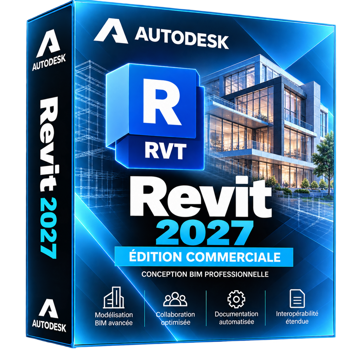 Boîte 3D illustrative Autodesk Revit 2027 bleu cyan