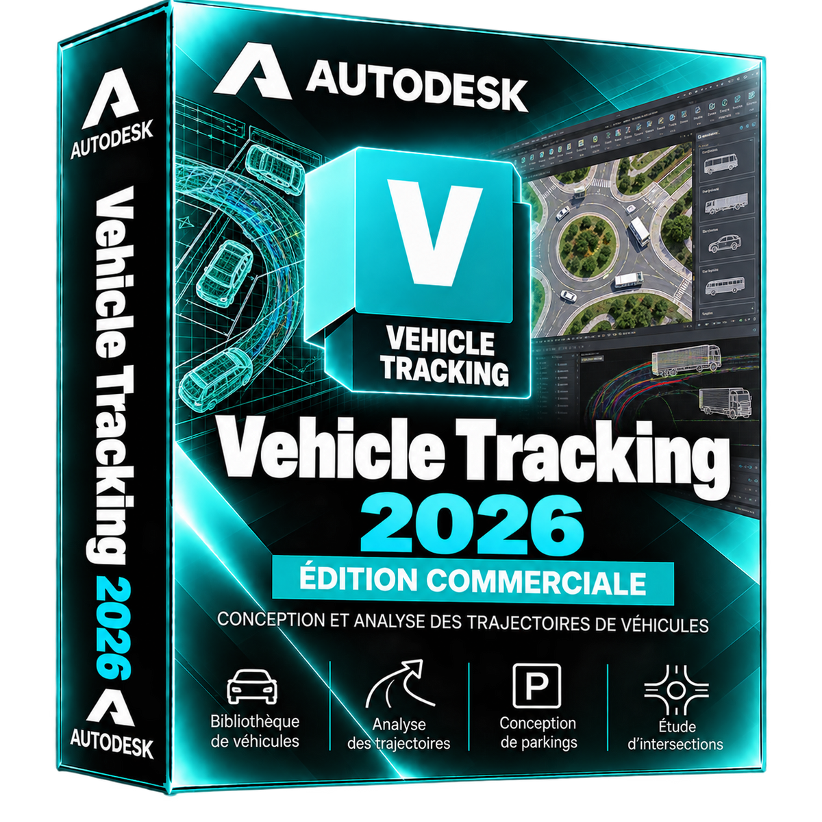 Boîte 3D illustrative Autodesk Vehicle Tracking 2026 turquoise et noir
