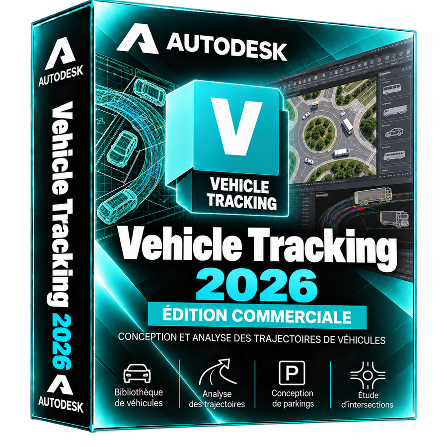Boîte 3D illustrative Autodesk Vehicle Tracking 2026 turquoise et noir