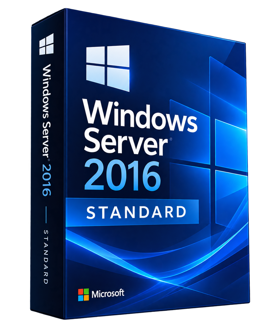 Windows Server 2016 Standard – boîte illustrée sur fond transparent