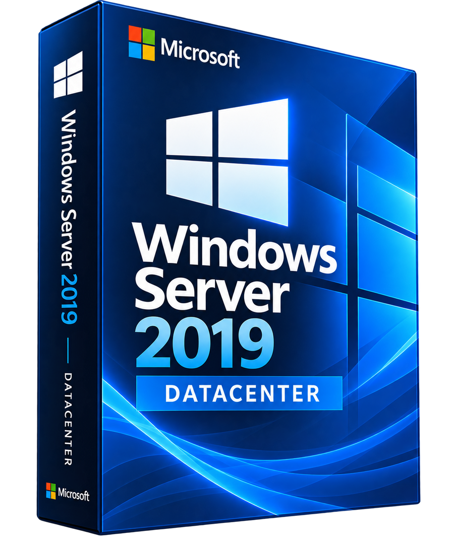 Boîte Windows Server 2019 Datacenter sur fond transparent