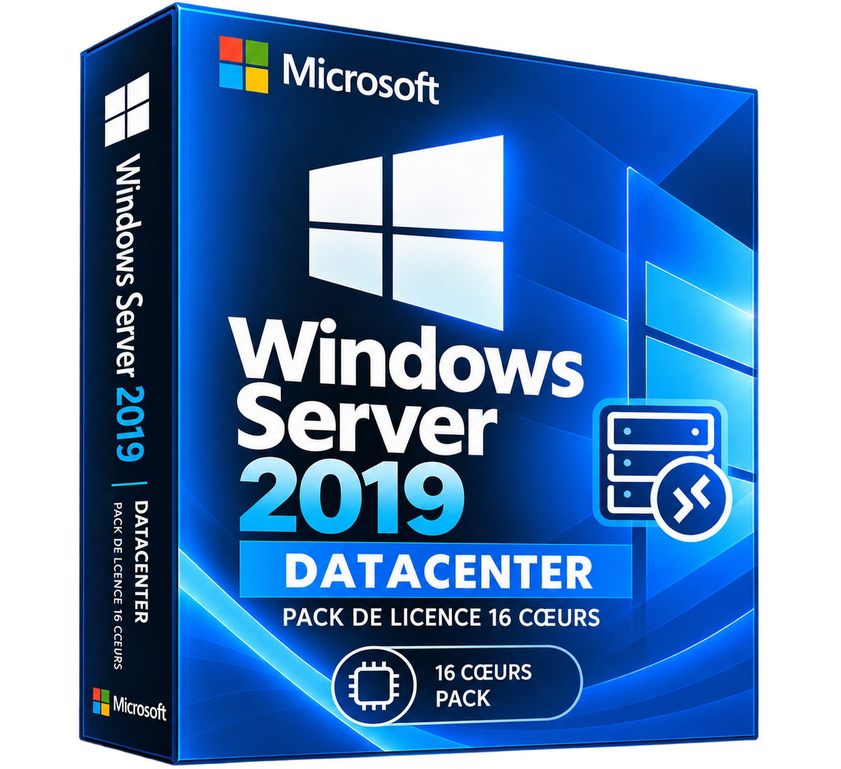 Boîte Windows Server 2019 Datacenter pack 16 cœurs sur fond transparent