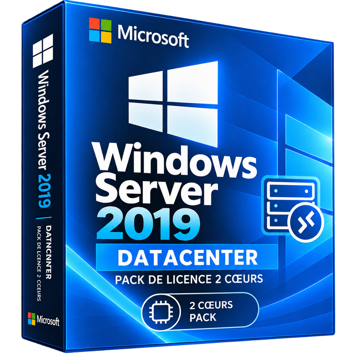 Boîte Windows Server 2019 Datacenter pack 2 cœurs sur fond transparent