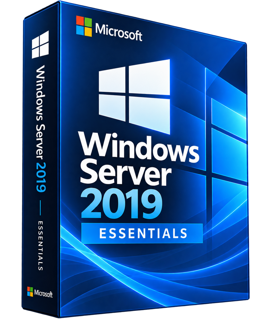 Boîte Windows Server 2019 Essentials sur fond transparent
