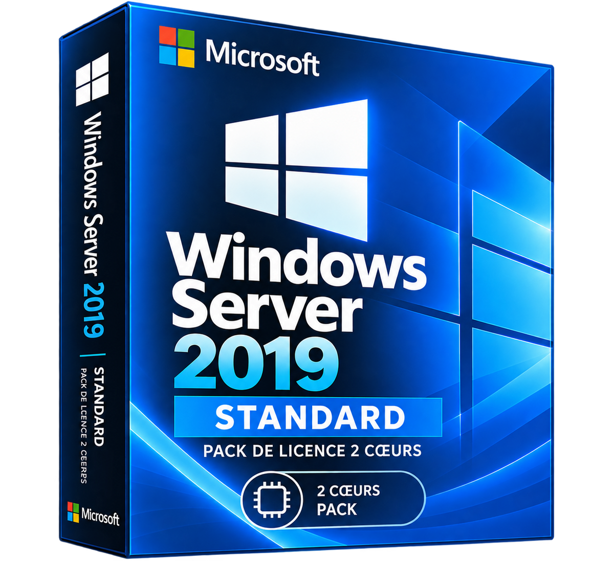 Boîte Windows Server 2019 Standard pack 2 cœurs sur fond transparent