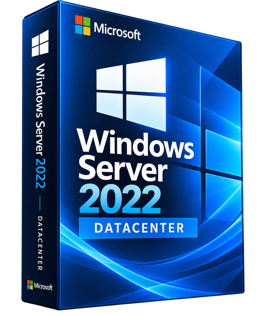 Boîte Windows Server 2022 Datacenter sur fond transparent