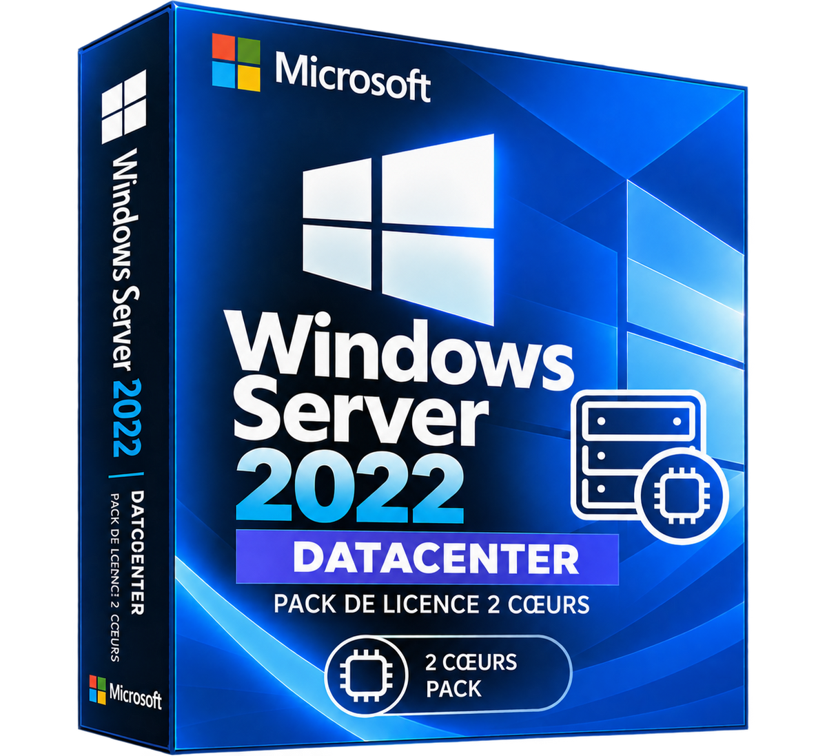 Boîte Windows Server 2022 Datacenter pack 2 cœurs sur fond transparent