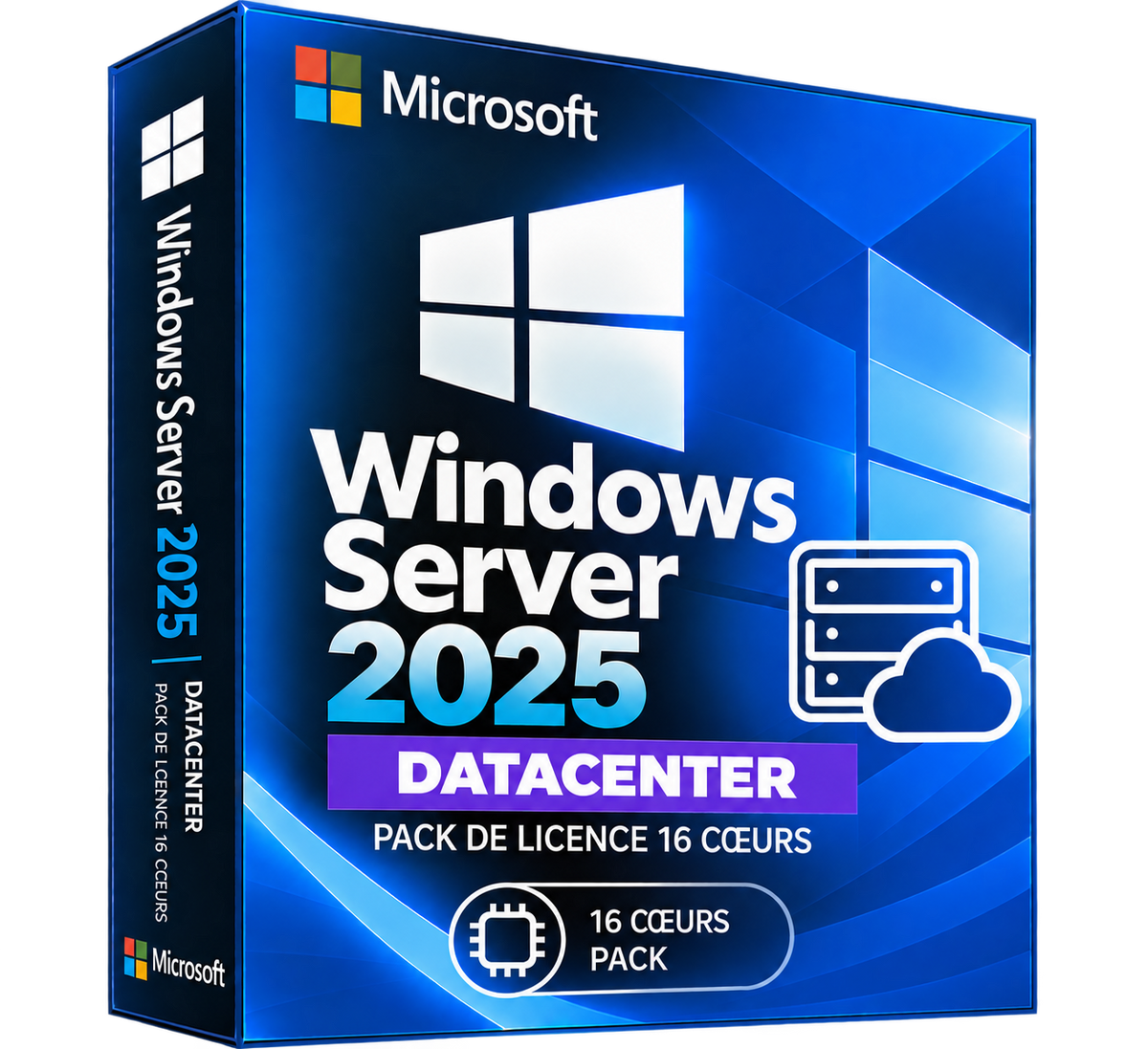 Boîte illustrative Windows Server 2025 Datacenter pack 16 cœurs sur fond transparent